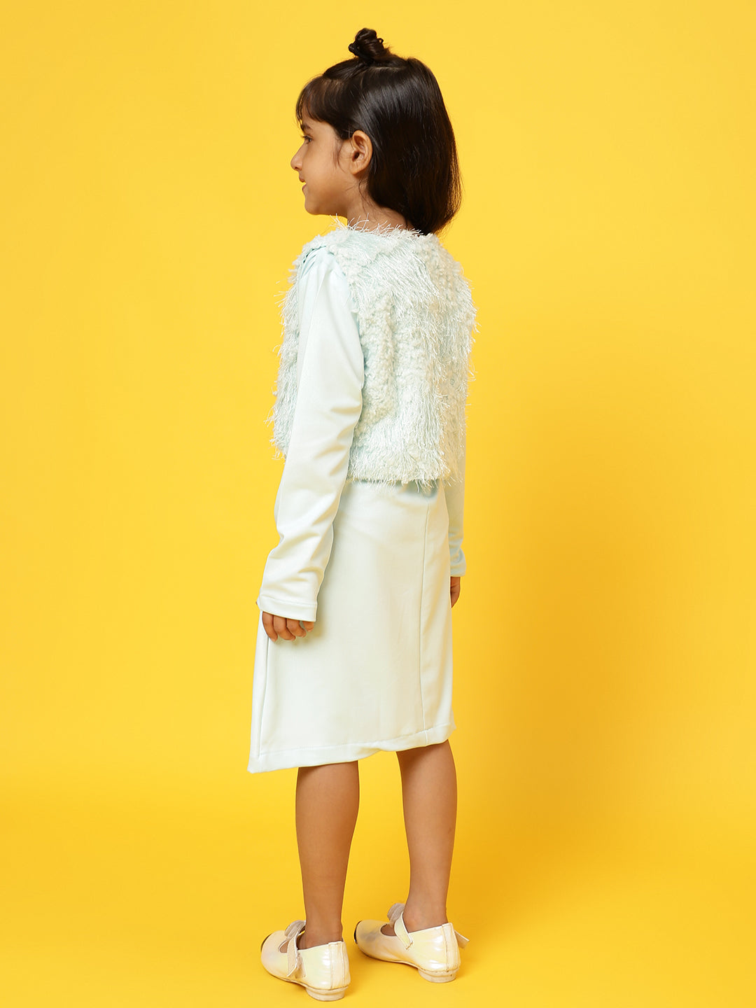 Girls Sky Blue Full sleeves Solid Dress with Jacket