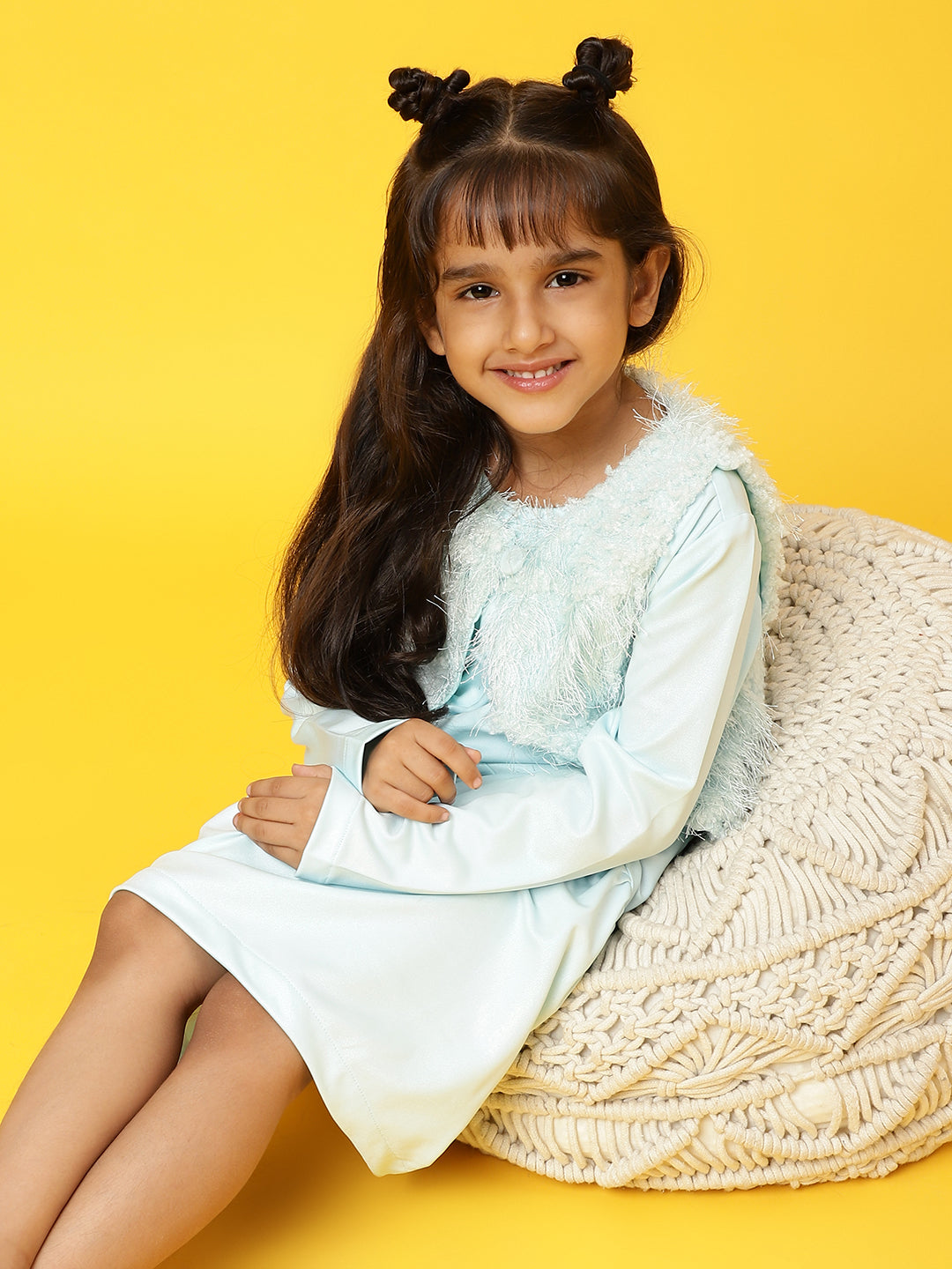 Girls Sky Blue Full sleeves Solid Dress with Jacket