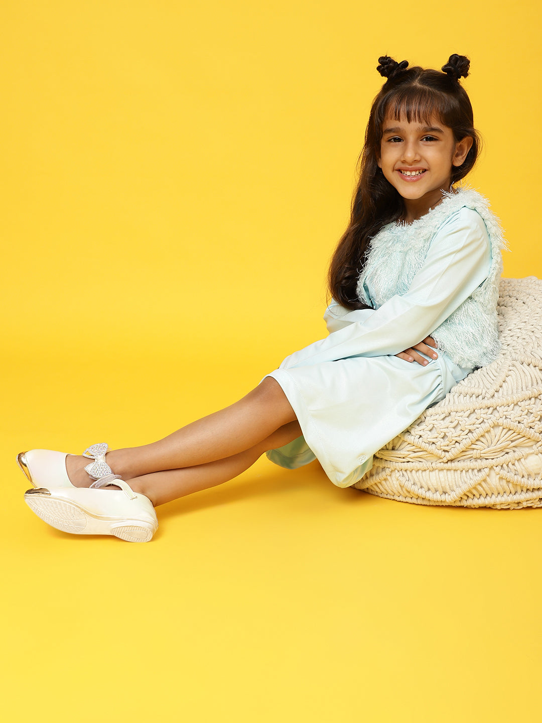 Girls Sky Blue Full sleeves Solid Dress with Jacket