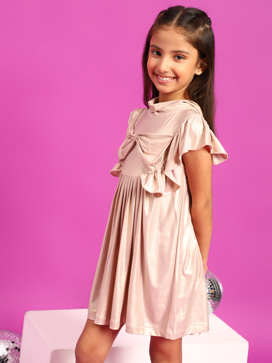 Girls Pink Solid Turtle Neck Dress