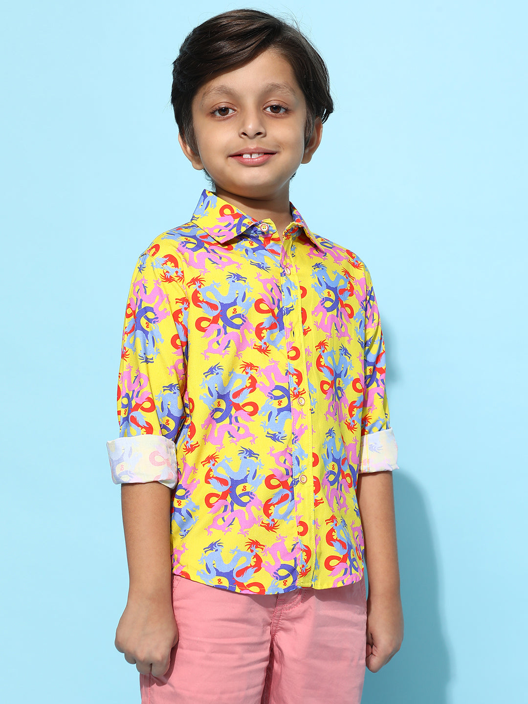 Boys Yellow Rayon Printed Regular Fit Shirt