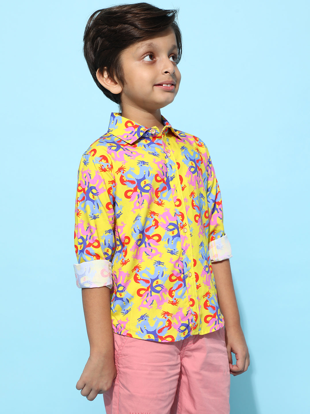 Boys Yellow Rayon Printed Regular Fit Shirt