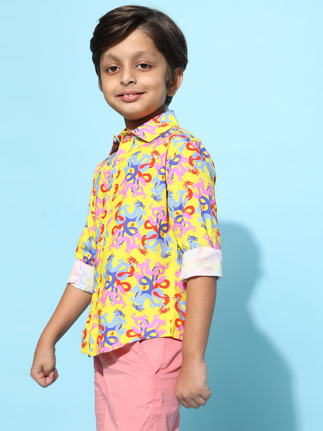 Boys Yellow Rayon Printed Regular Fit Shirt