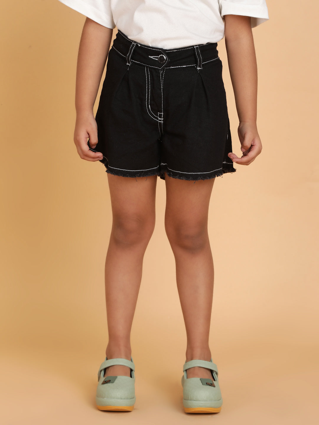 Girls Black Washed Cotton A-Line Above Knee Shorts