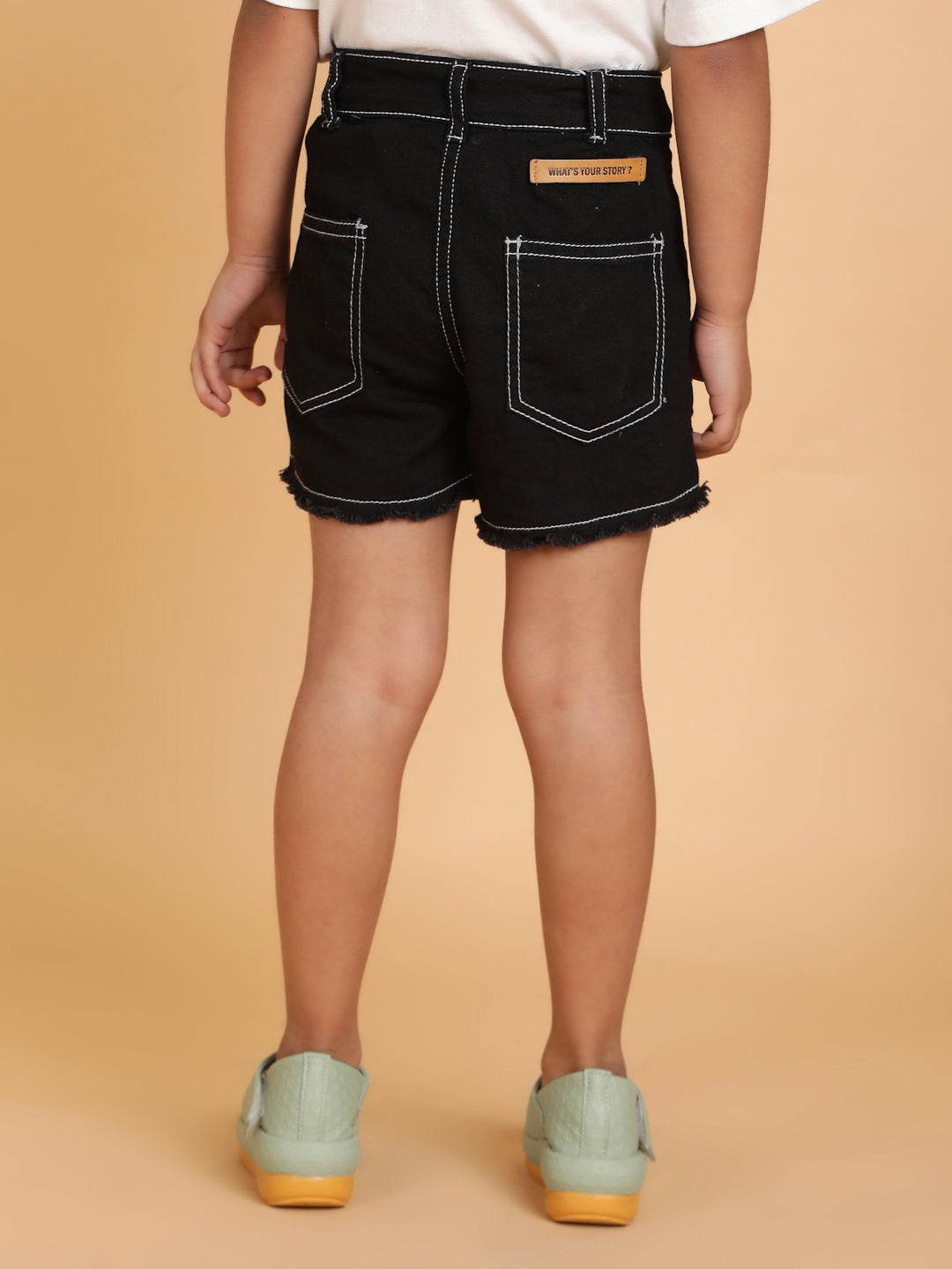 Girls Black Washed Cotton A-Line Above Knee Shorts