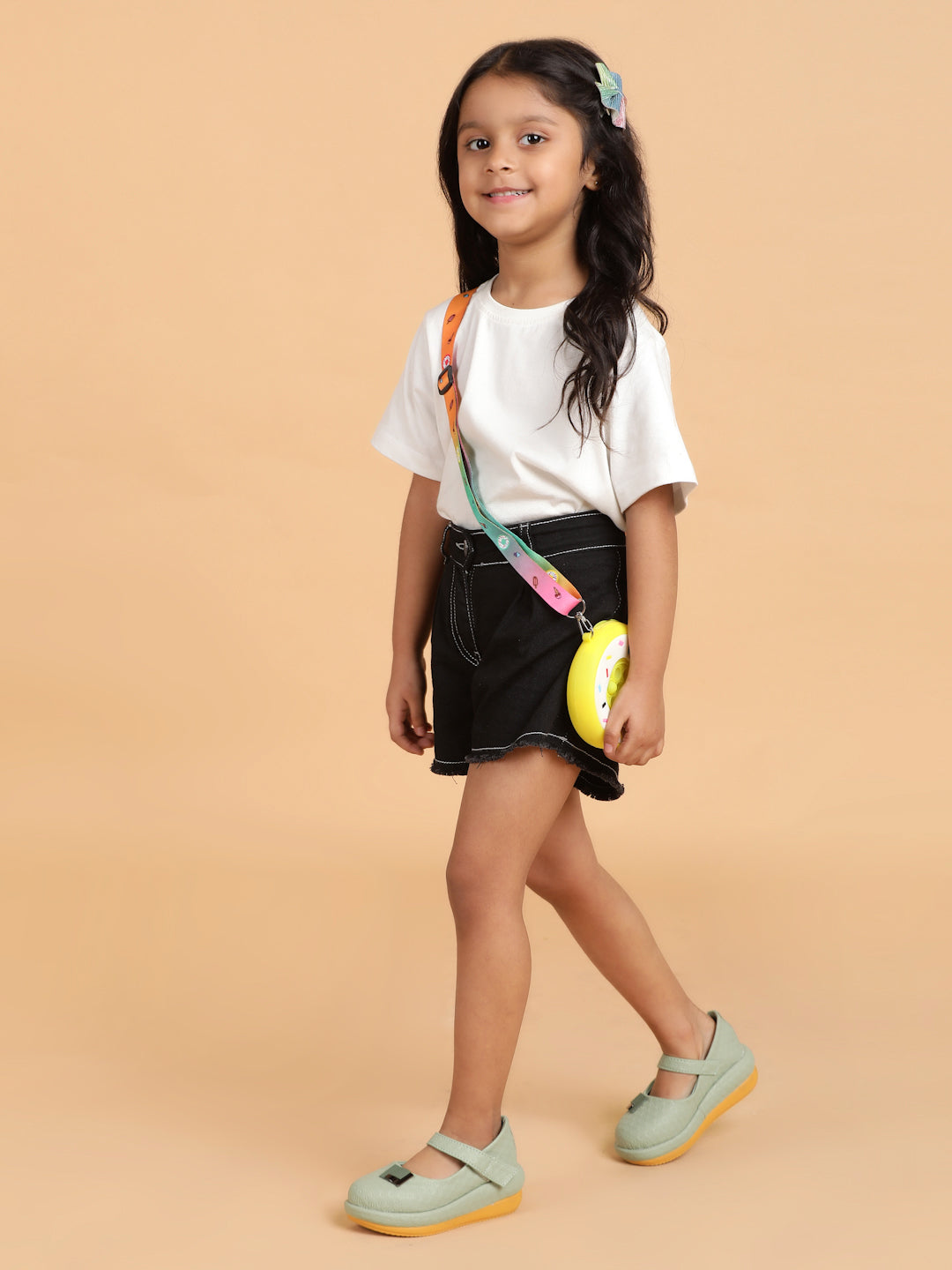 Girls Black Washed Cotton A-Line Above Knee Shorts