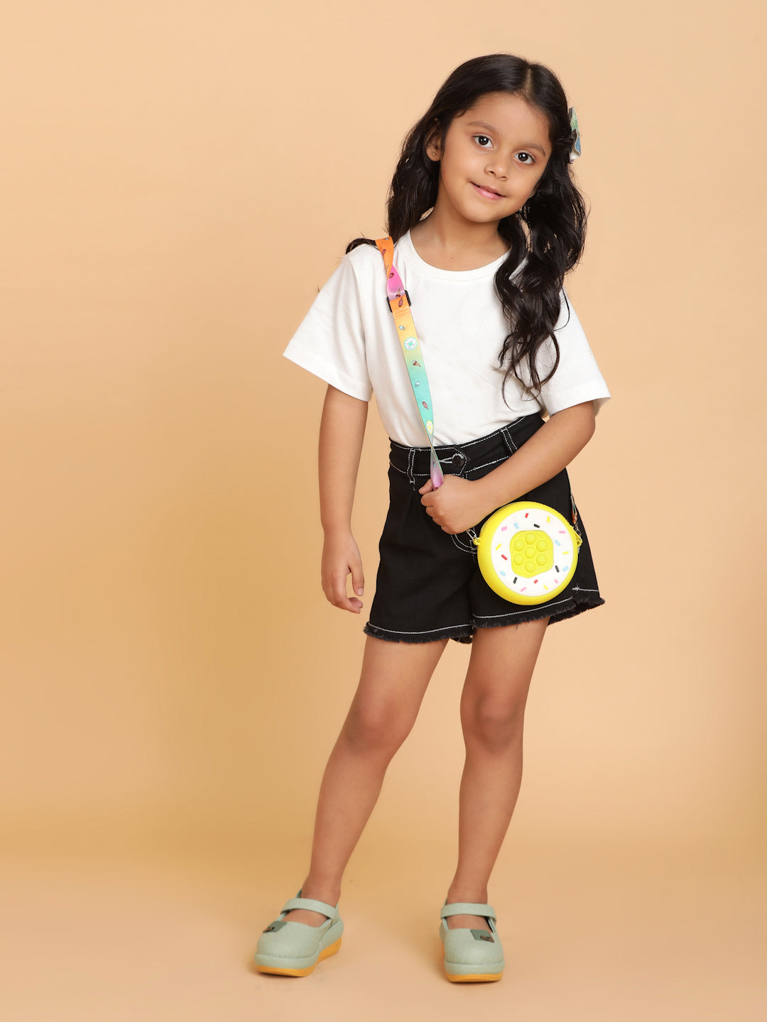 Girls Black Washed Cotton A-Line Above Knee Shorts