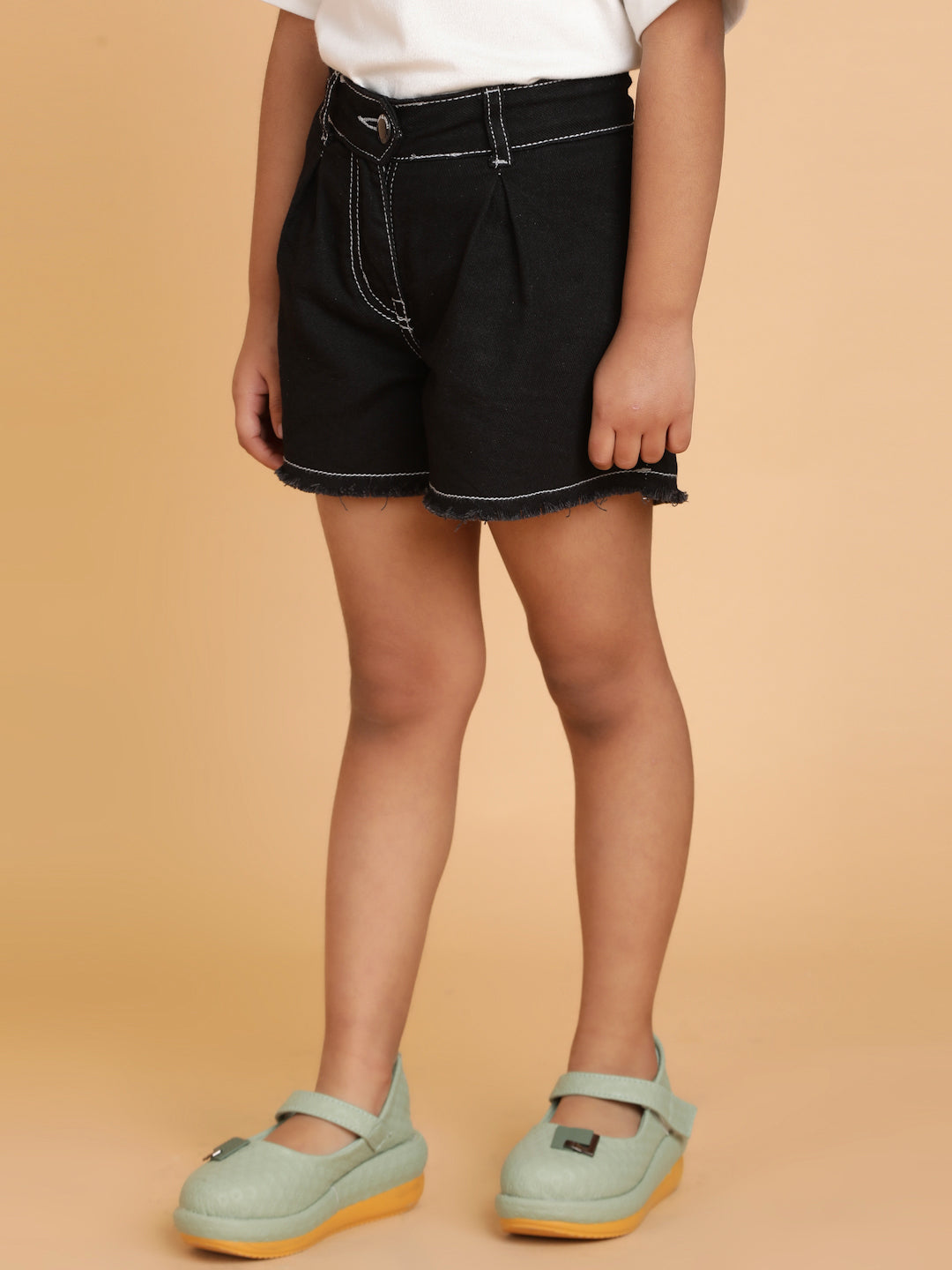 Girls Black Washed Cotton A-Line Above Knee Shorts
