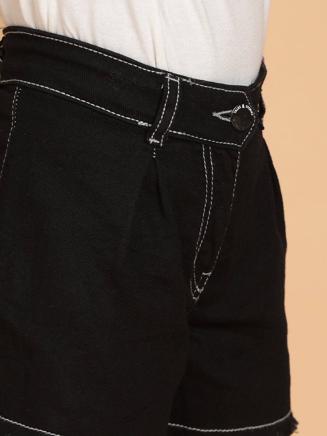 Girls Black Washed Cotton A-Line Above Knee Shorts