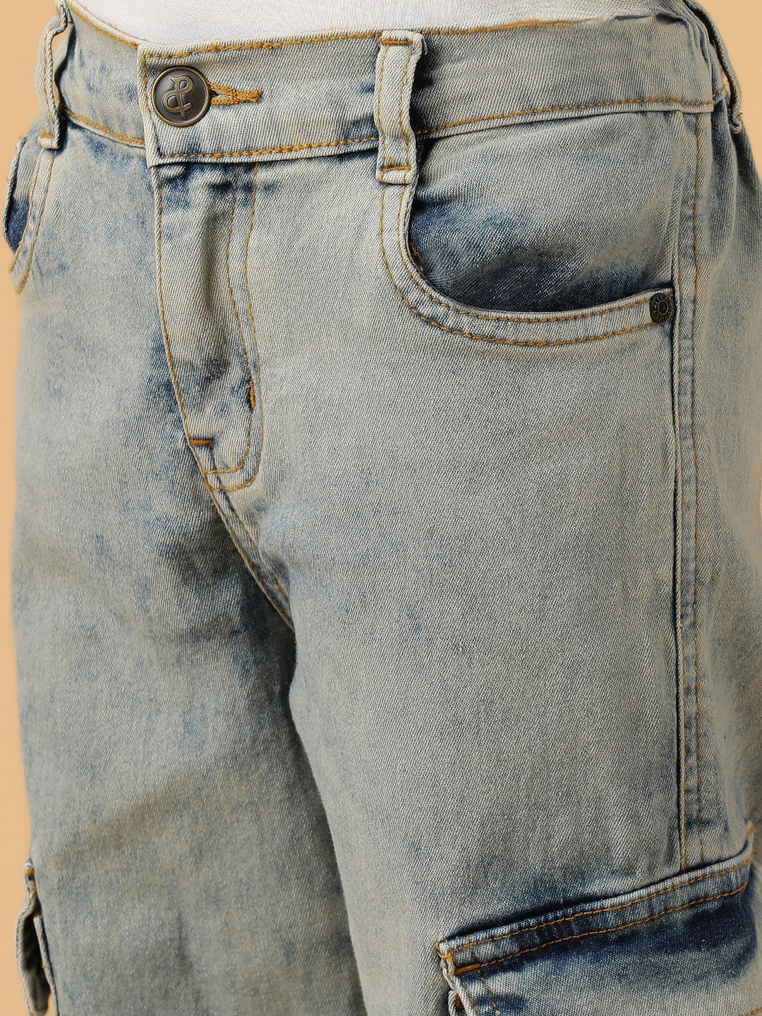 Boys Khakhi Tint Washed Lycra Slim Fit Cargo