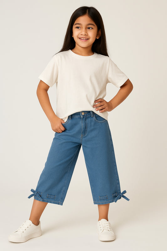Girls Cotton Poly Blue Washed  Wide Leg Capri