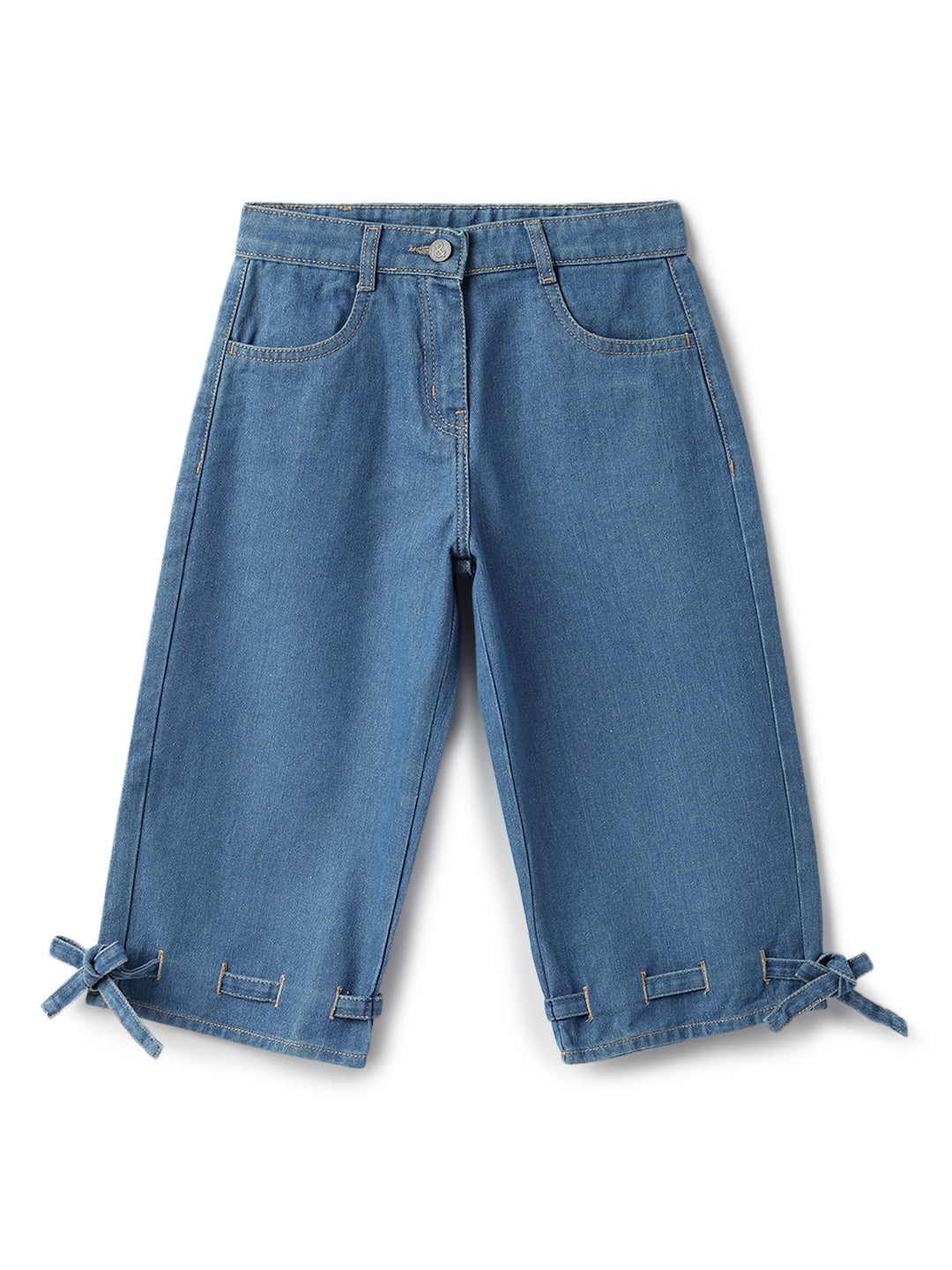 Girls Cotton Poly Blue Washed Wide Leg Capri