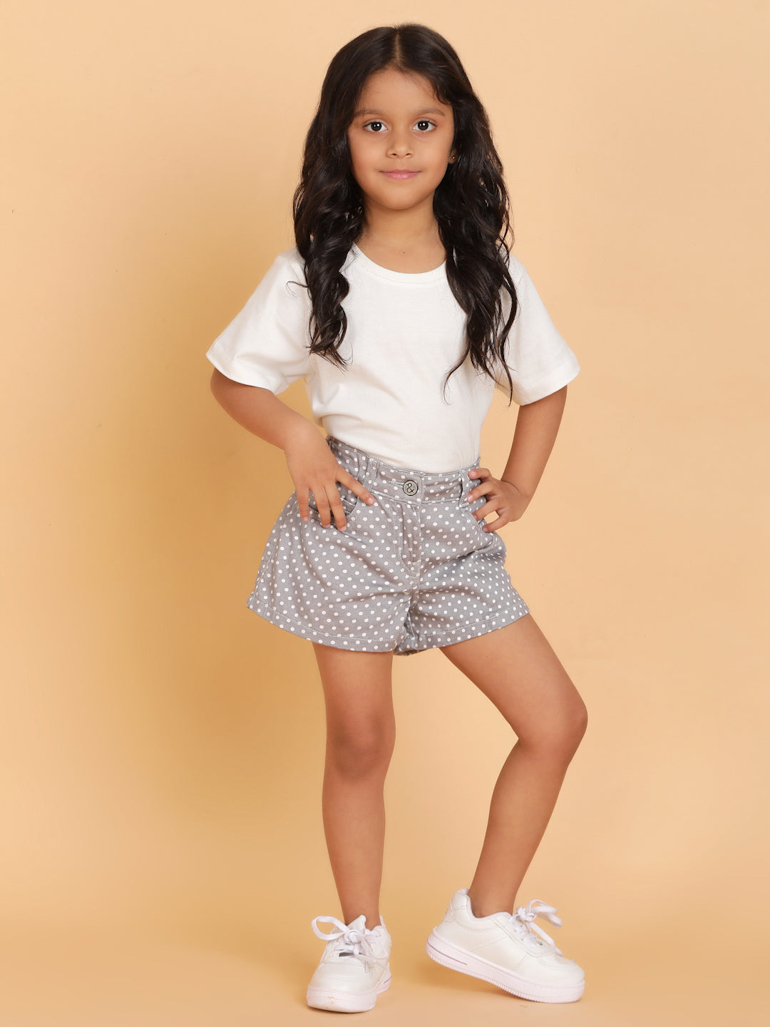 Girls Grey Polka Dot Print Lycra Regular Fit Above Knee Shorts