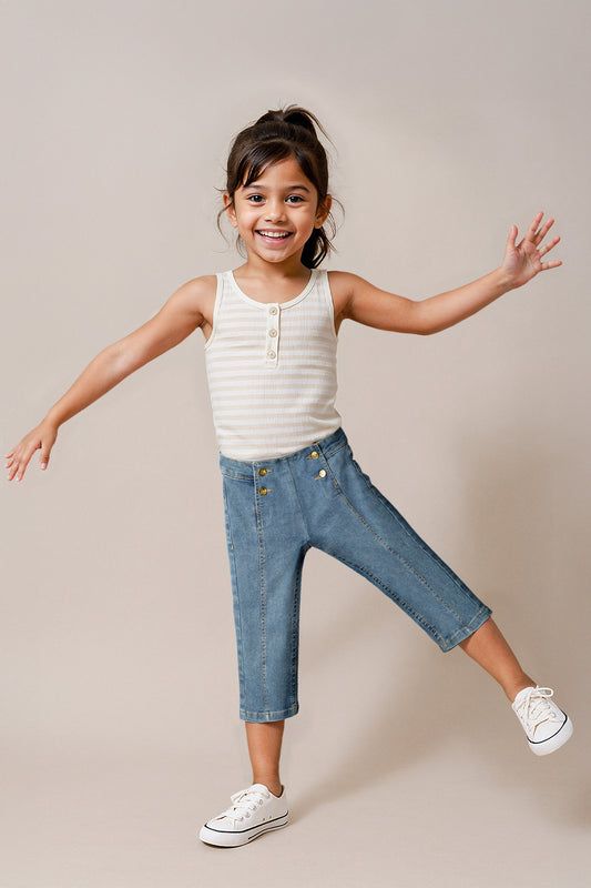 Girls Blue Elastane Solid Capri