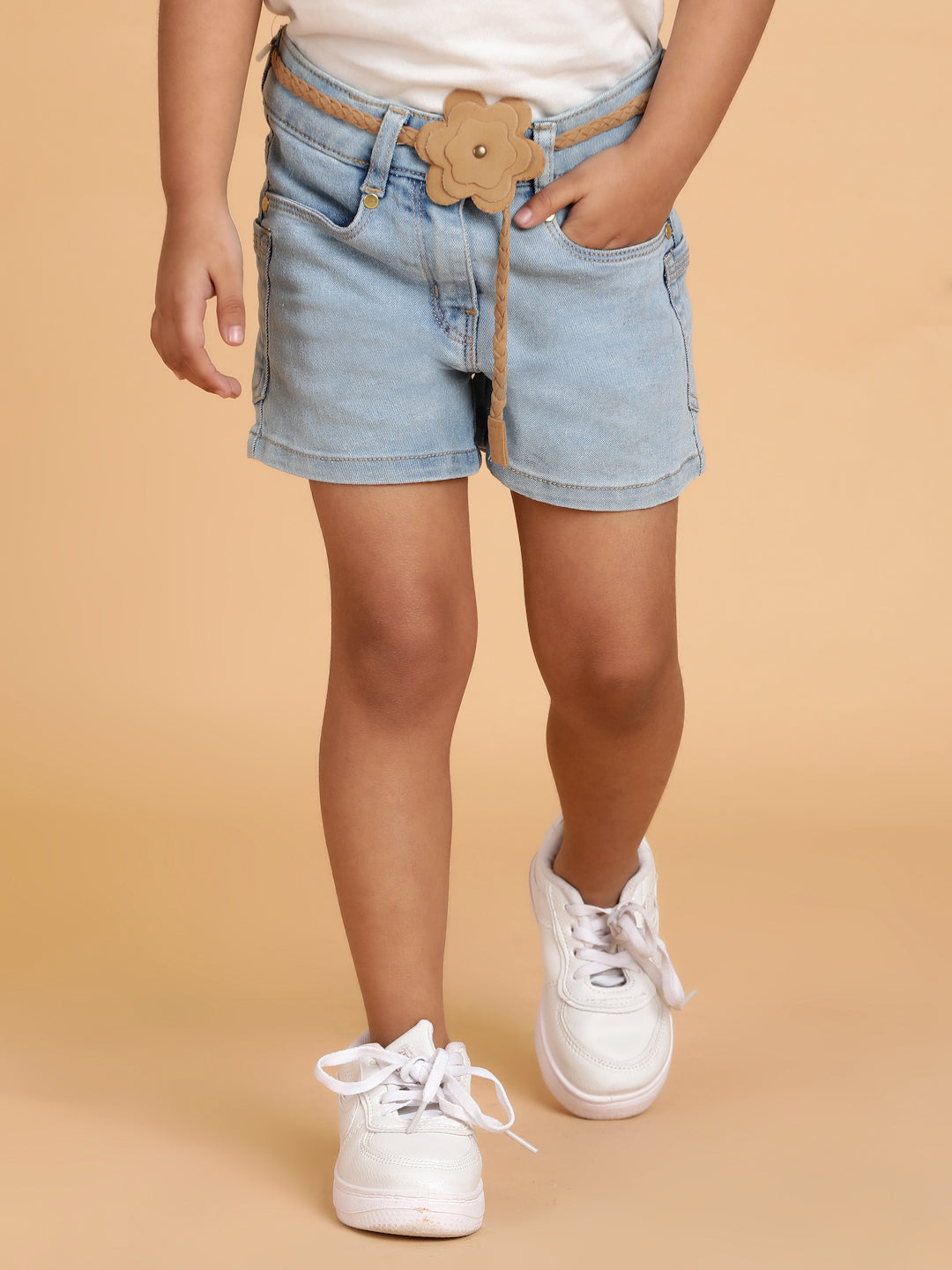 Girls Light Blue Washed Lycra A-Line Above Knee Shorts