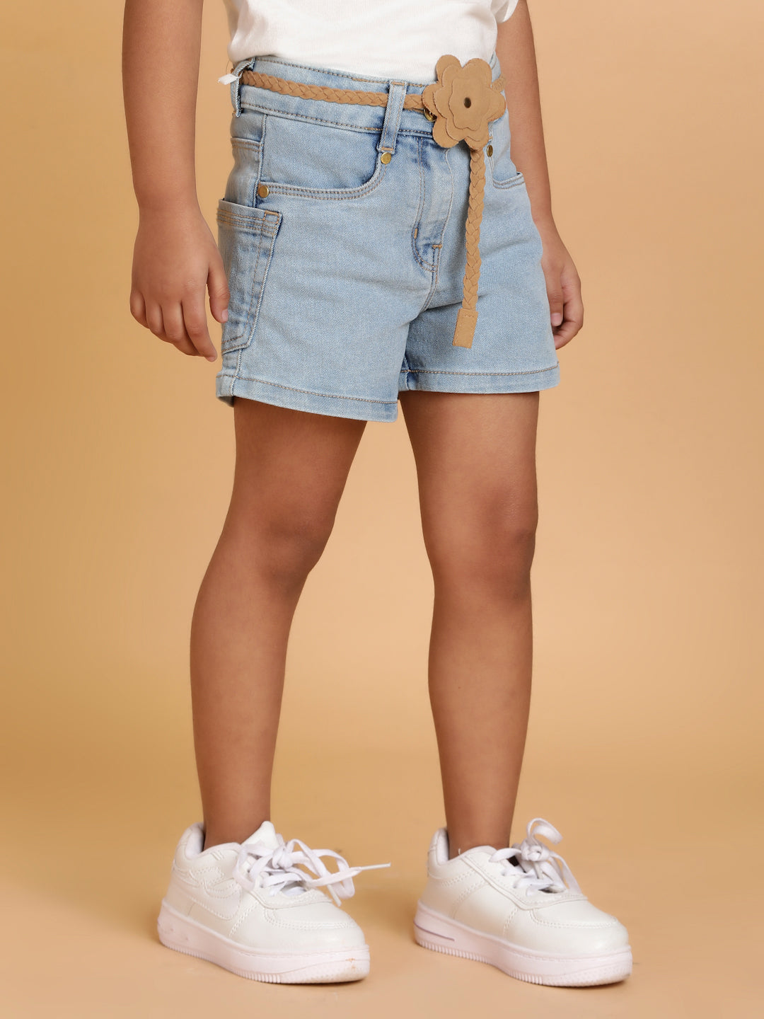 Girls Light Blue Washed Lycra A-Line Above Knee Shorts