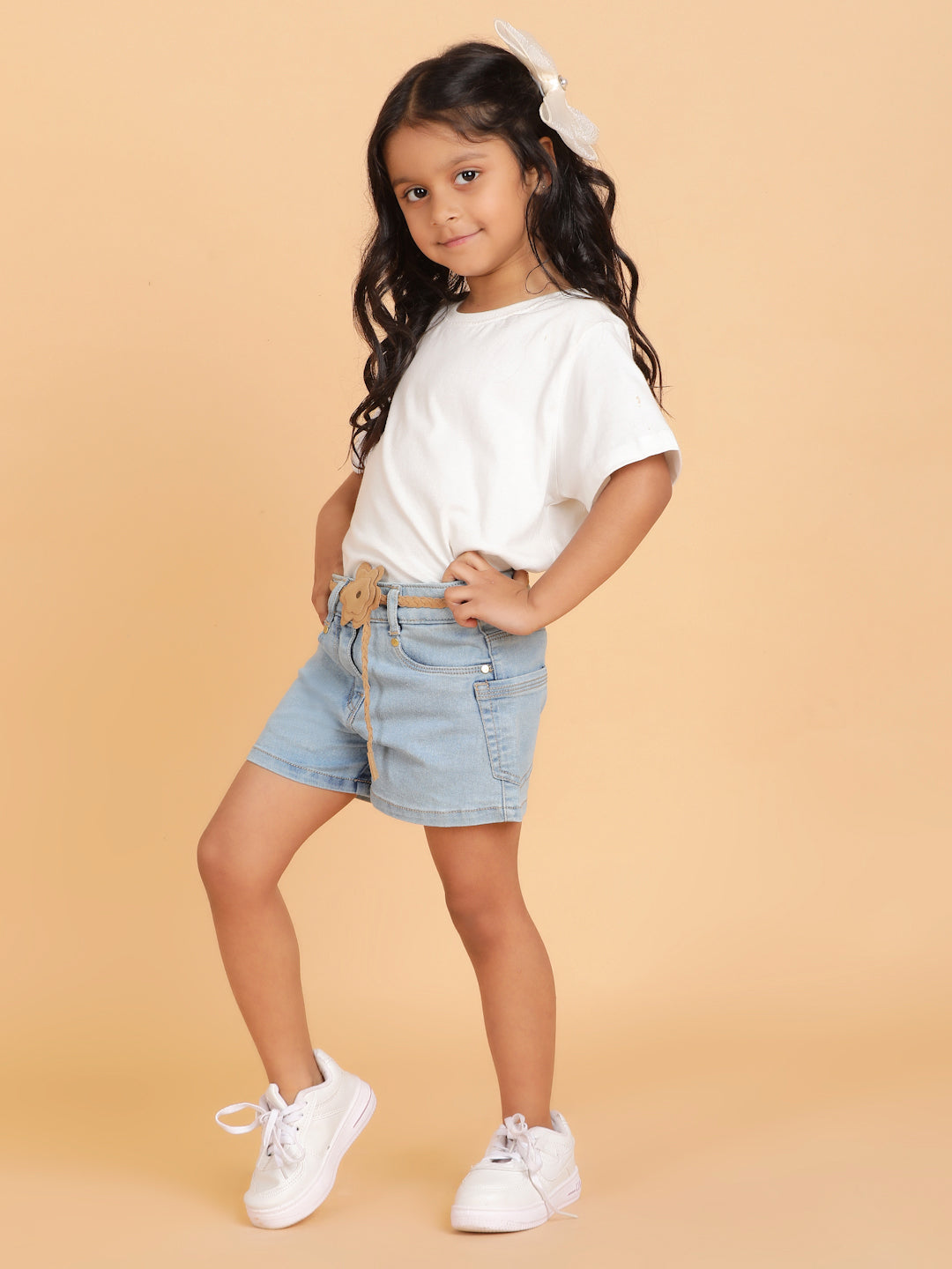 Girls Light Blue Washed Lycra A-Line Above Knee Shorts