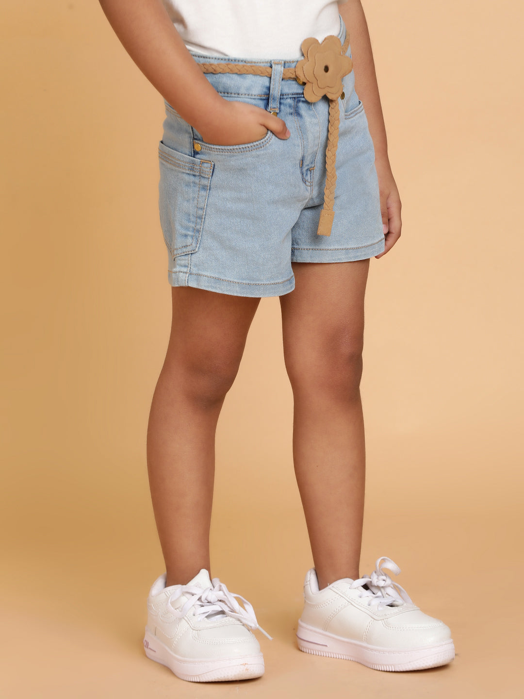Girls Light Blue Washed Lycra A-Line Above Knee Shorts