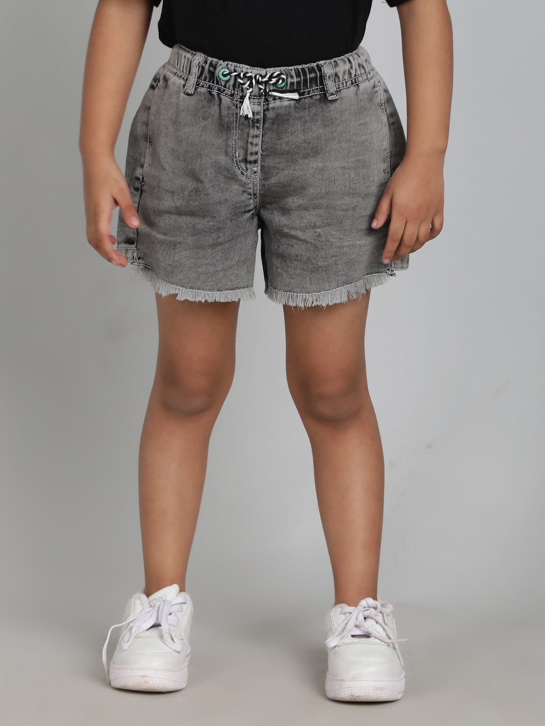 Girls Grey Washed Cotton A-Line Regular Fit Above Knee Shorts