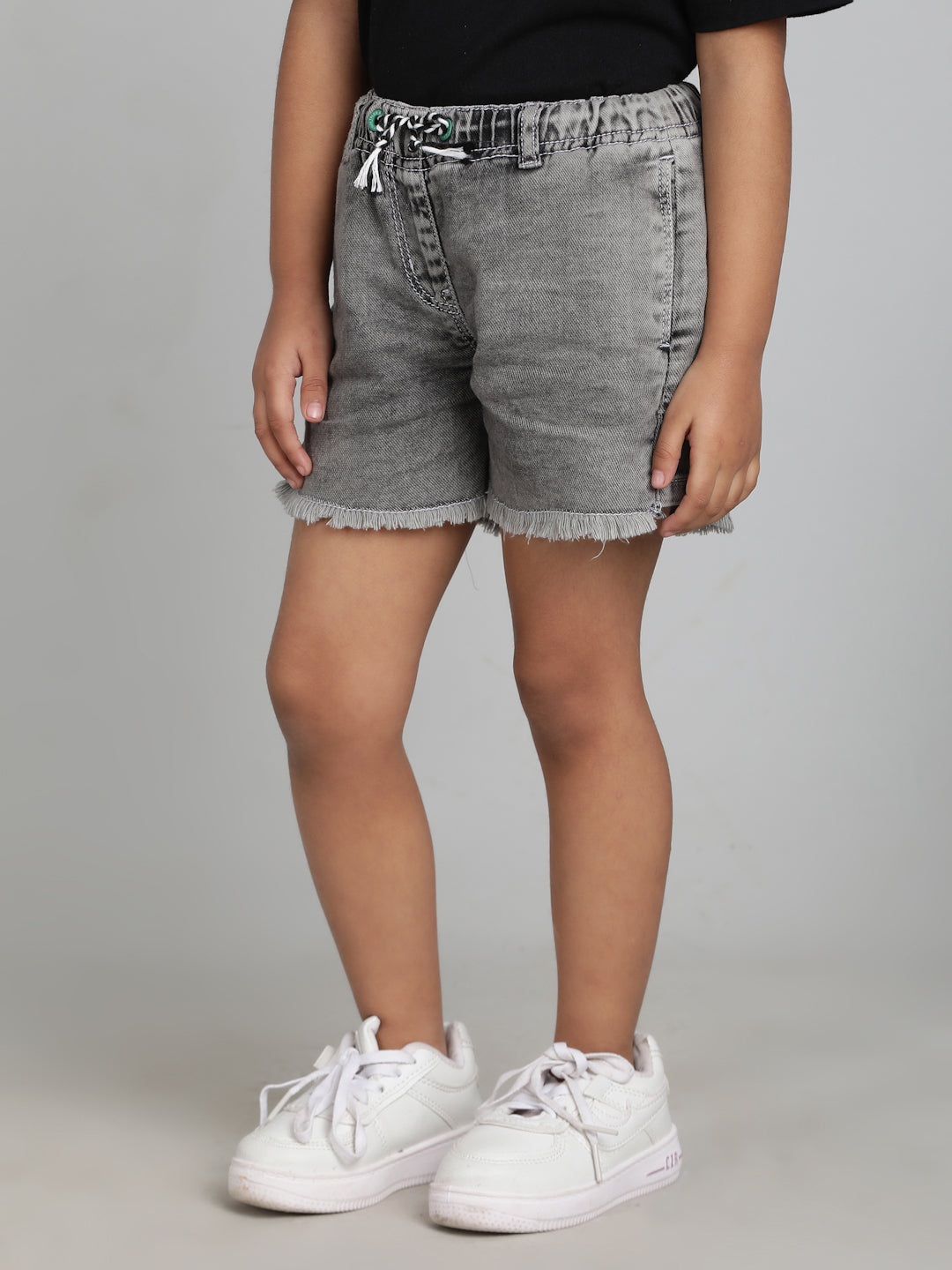 Girls Grey Washed Cotton A-Line Regular Fit Above Knee Shorts