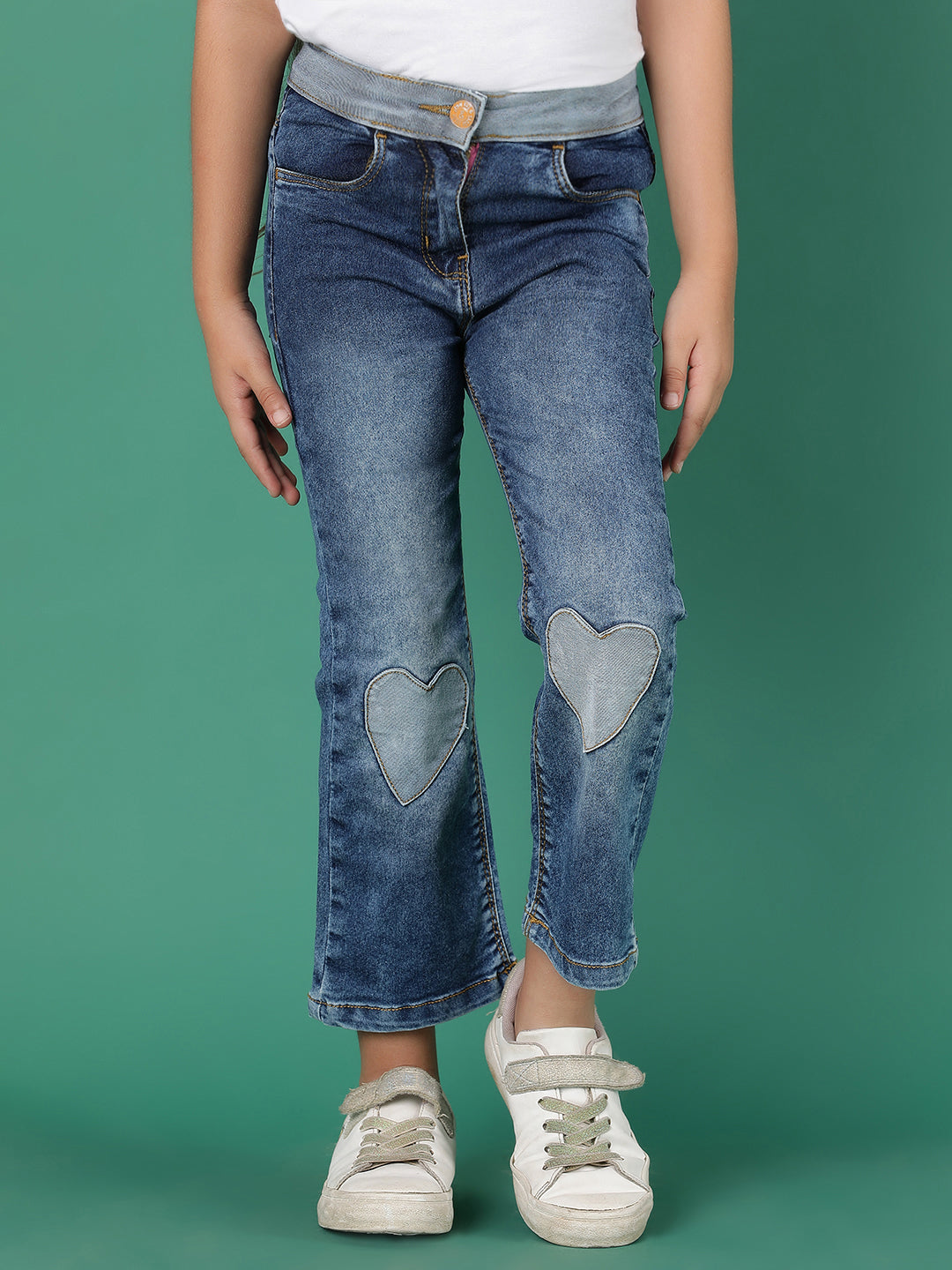 Girls Dark Blue Washed Lycra Boot Cut Jeans