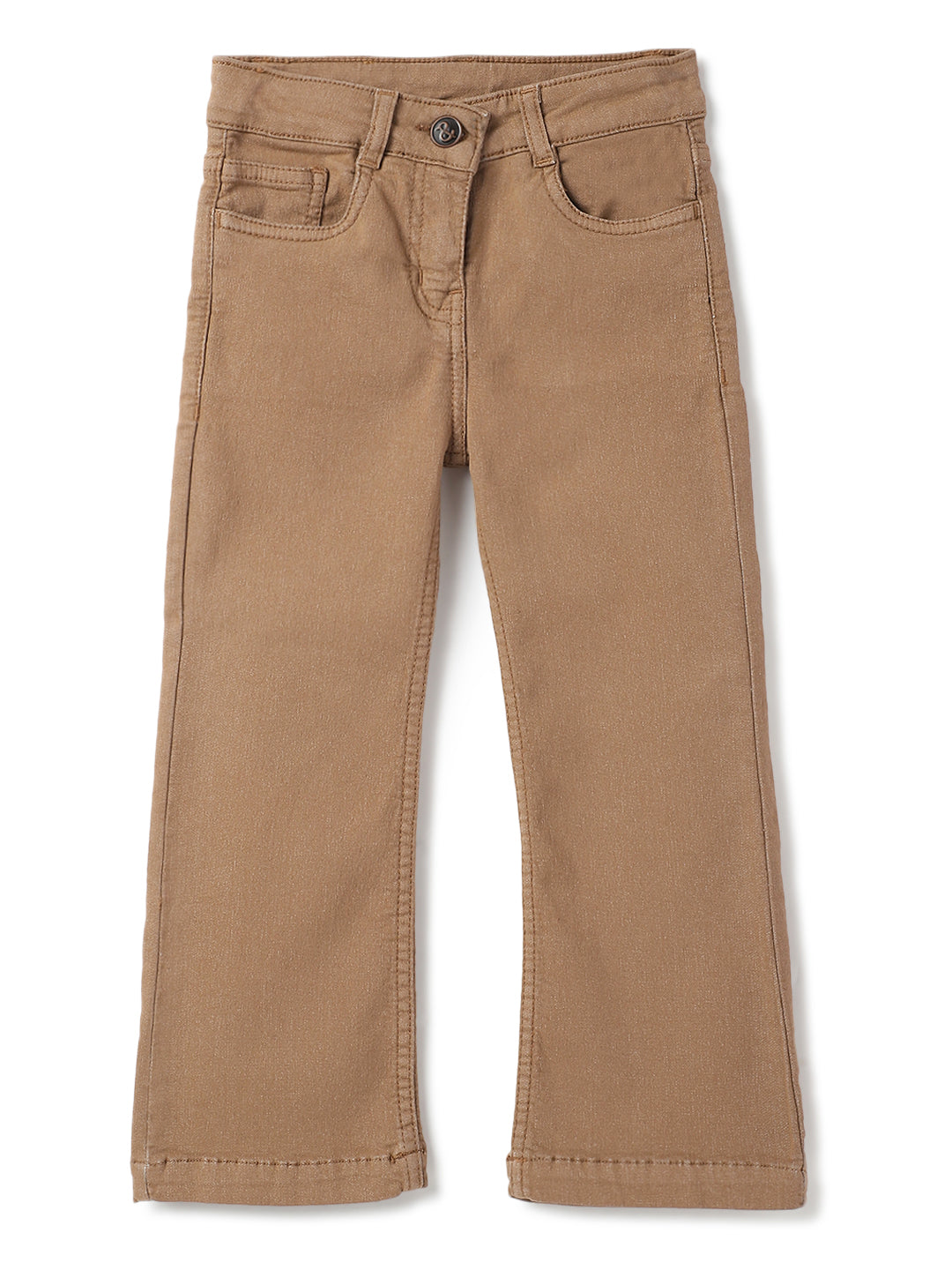 Girls Brown Lycra Washed Bell Bottom Jeans