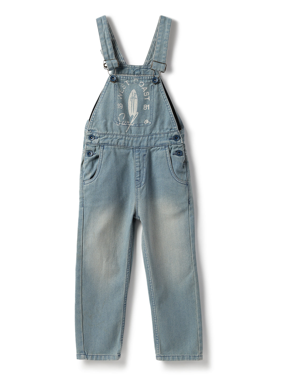 Boys Cotton Poly Blue Printed Tapered Fit Dungaree