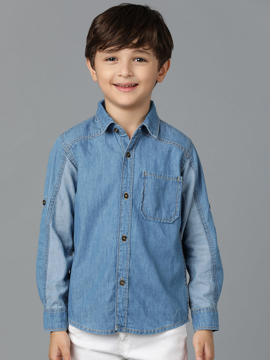 Boys Light Blue Denim Cotton Regular Fit Shirt