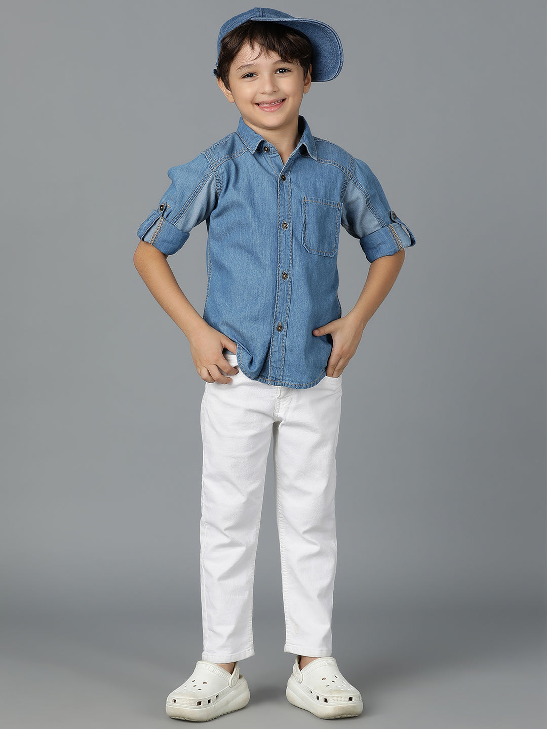 Boys Light Blue Denim Cotton Regular Fit Shirt