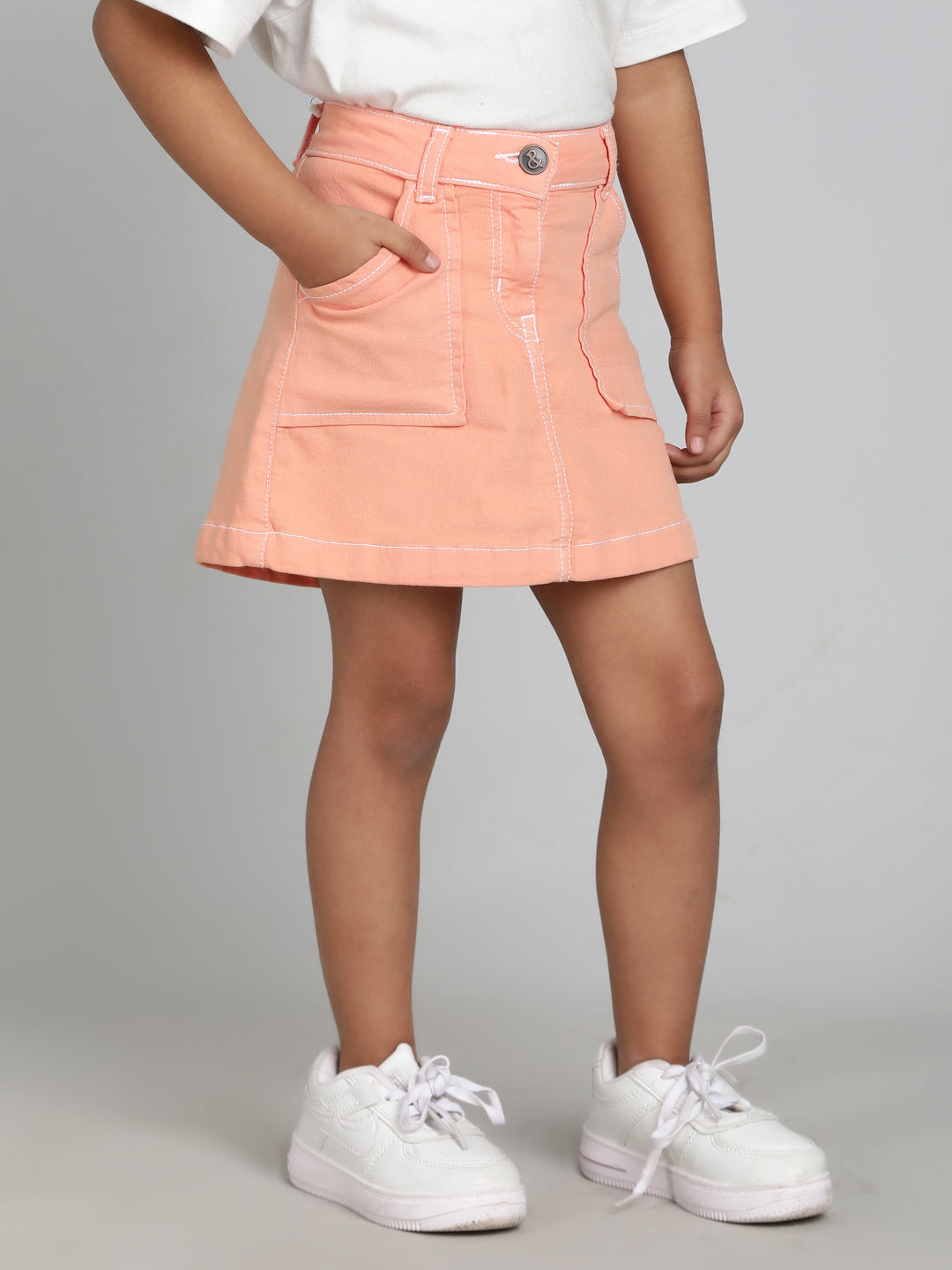 Girls Peach Washed Lycra Above Knee Skirt
