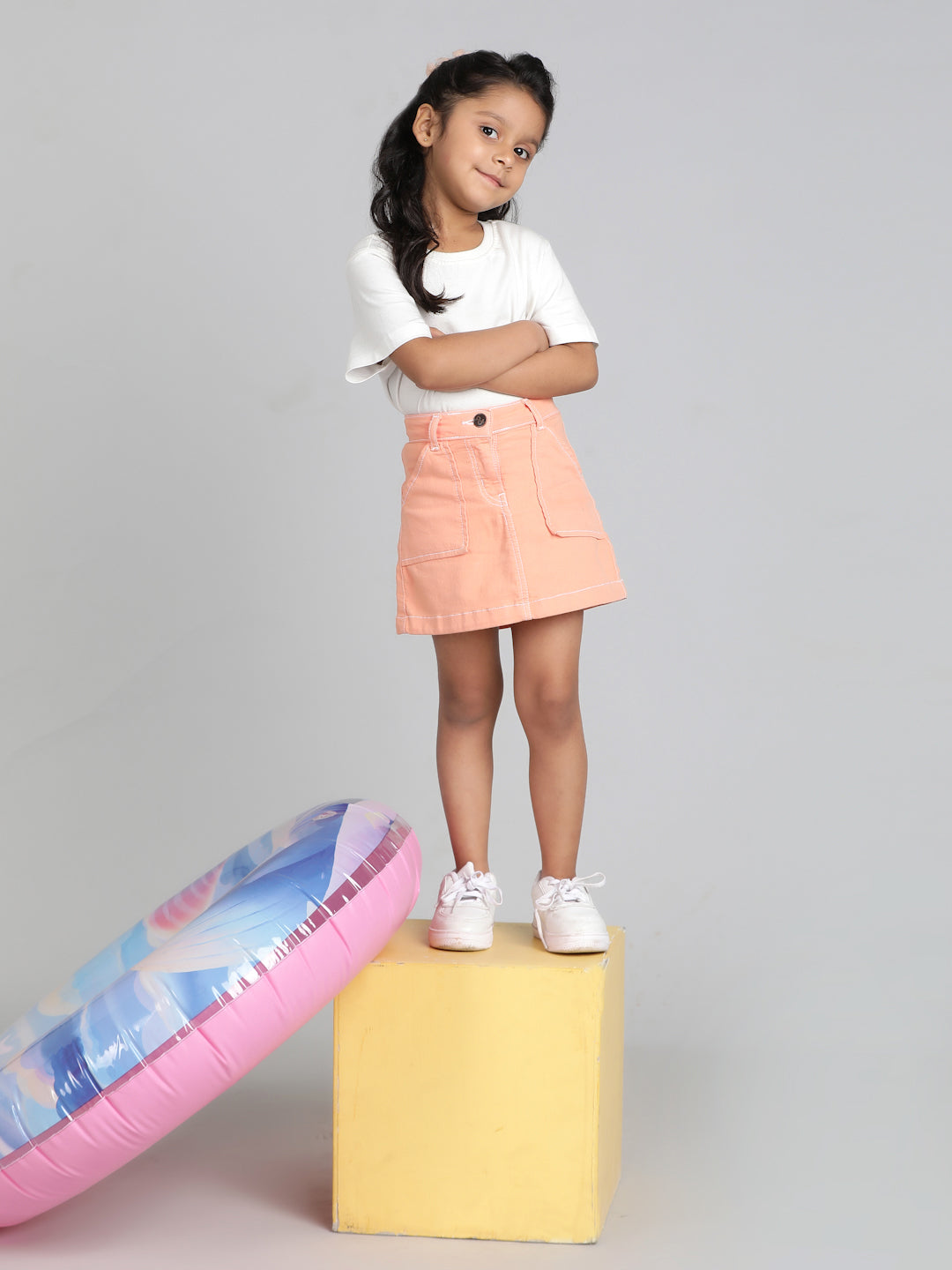 Girls Peach Washed Lycra Above Knee Skirt