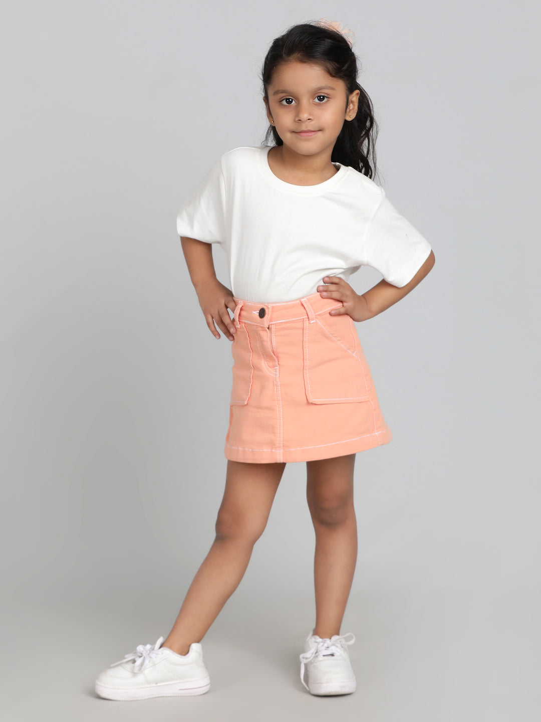 Girls Peach Washed Lycra Above Knee Skirt