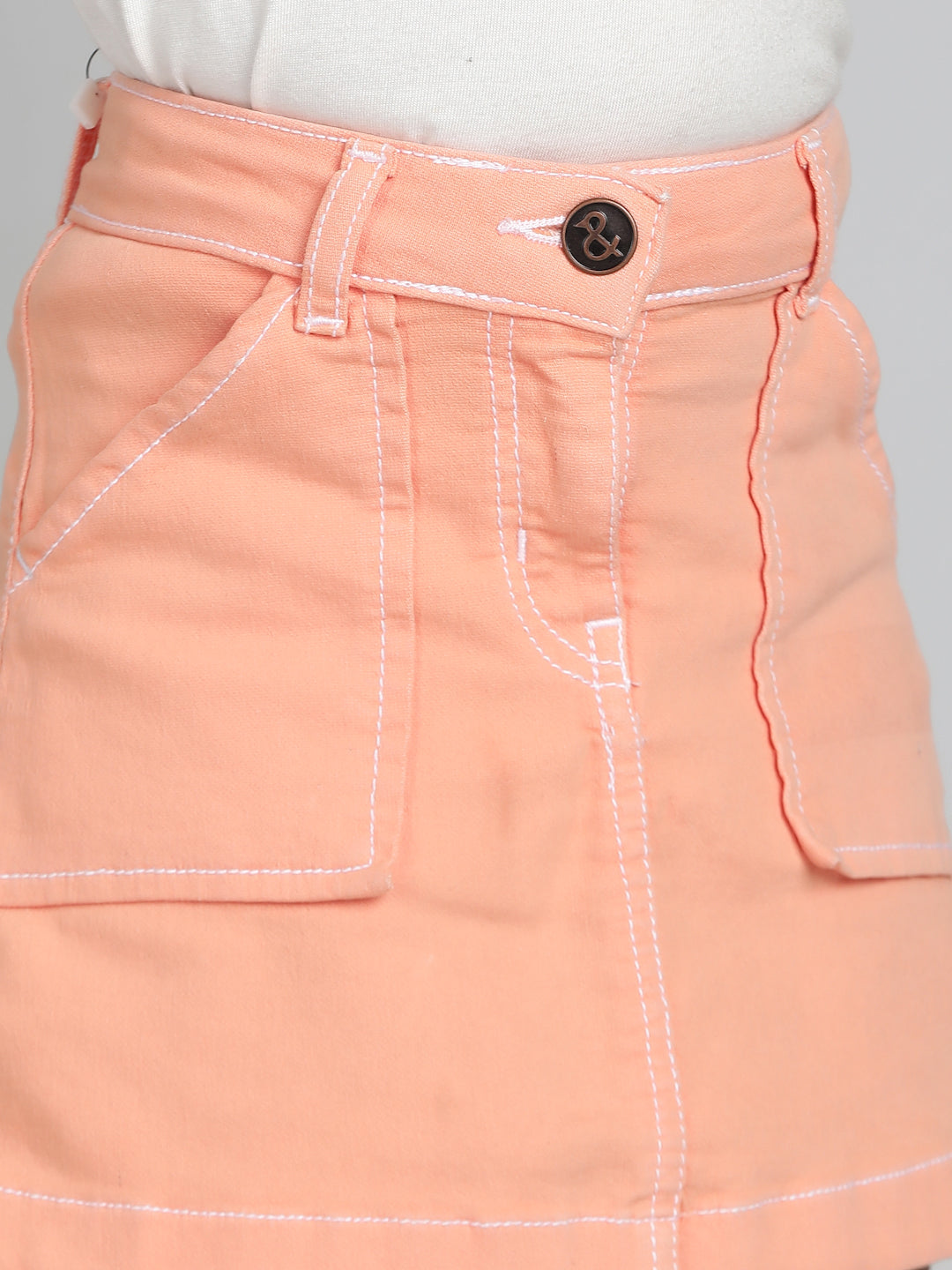 Girls Peach Washed Lycra Above Knee Skirt