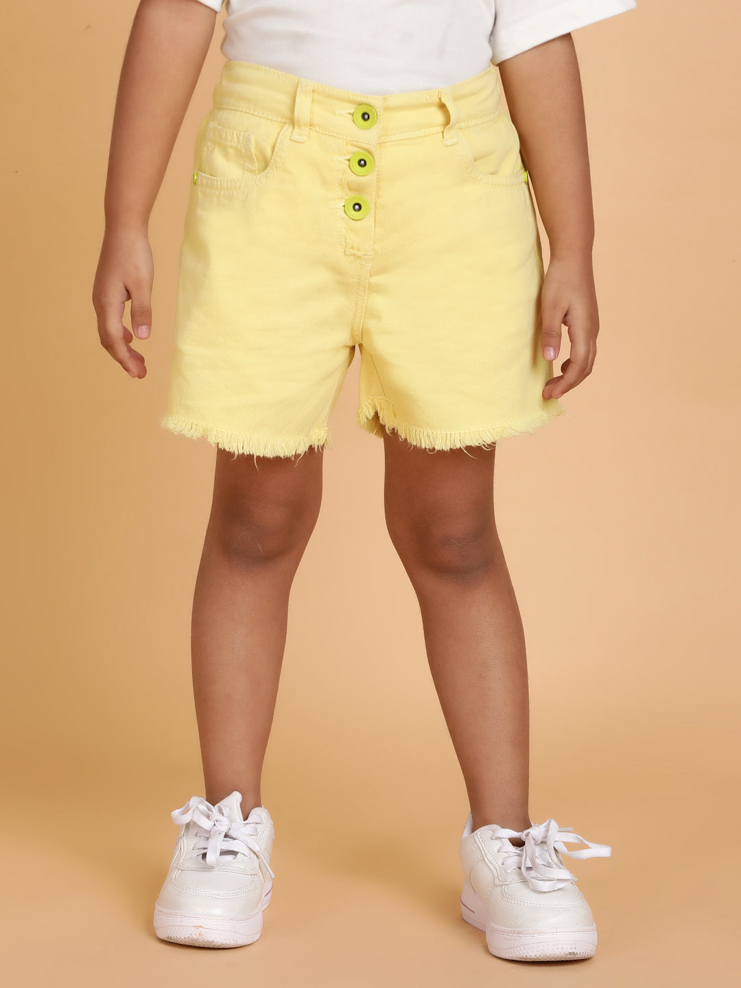 Girls Yellow Washed Cotton Regular Fit Above Knee Shorts