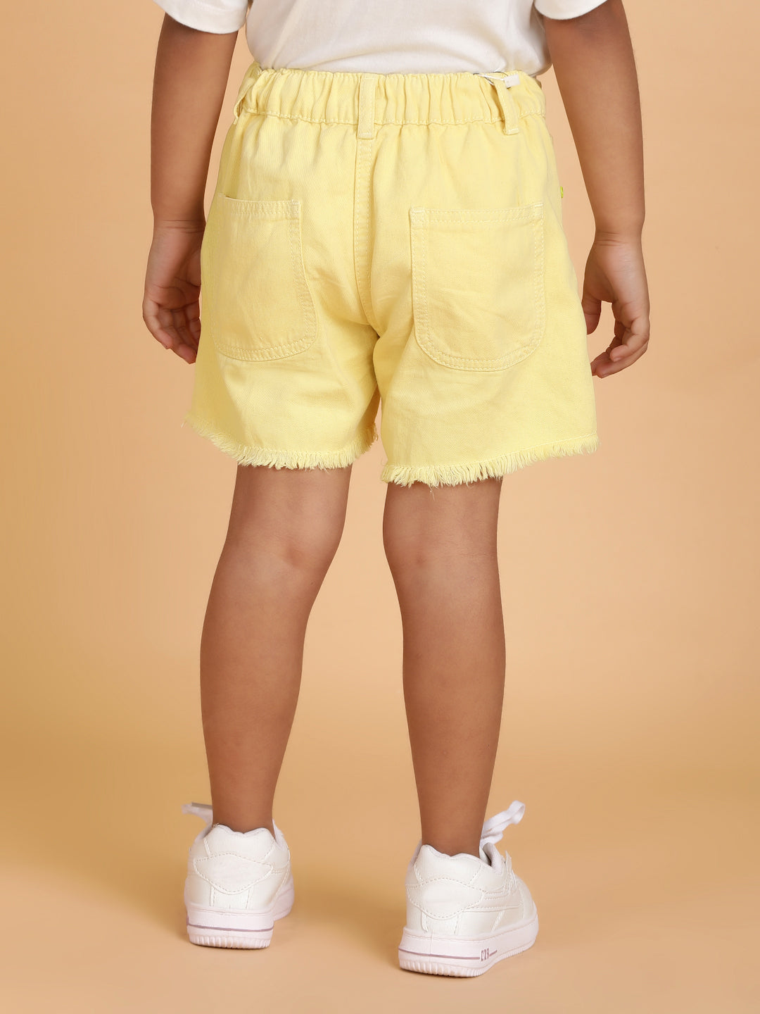 Girls Yellow Washed Cotton Regular Fit Above Knee Shorts