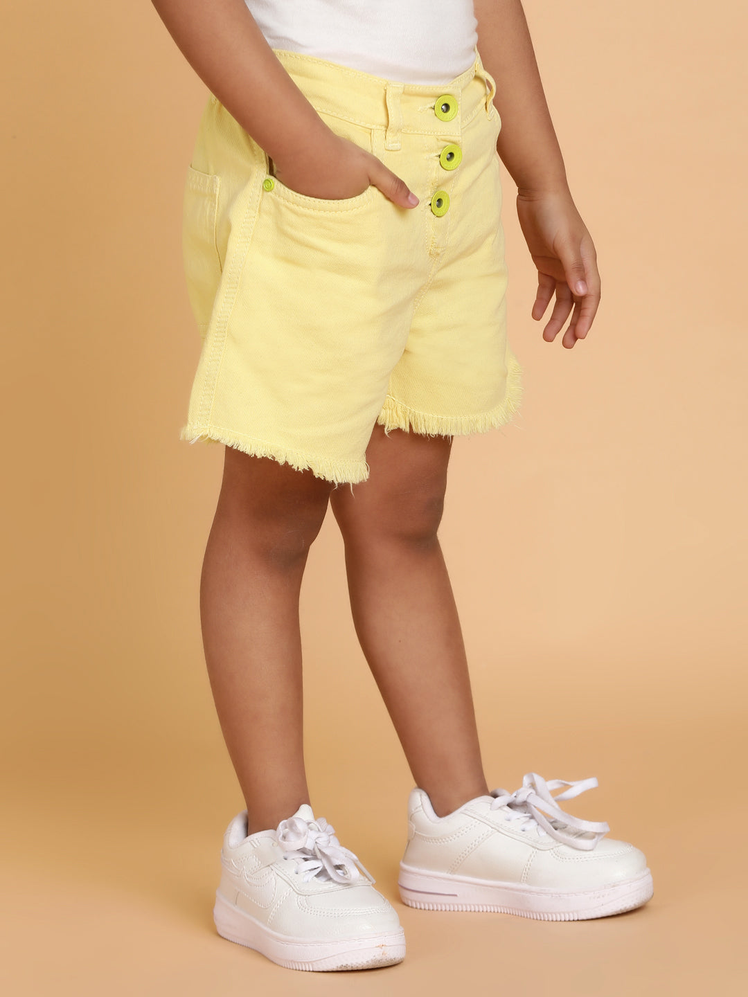 Girls Yellow Washed Cotton Regular Fit Above Knee Shorts