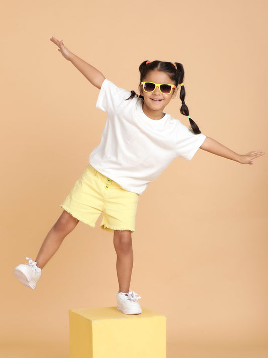 Girls Yellow Washed Cotton Regular Fit Above Knee Shorts