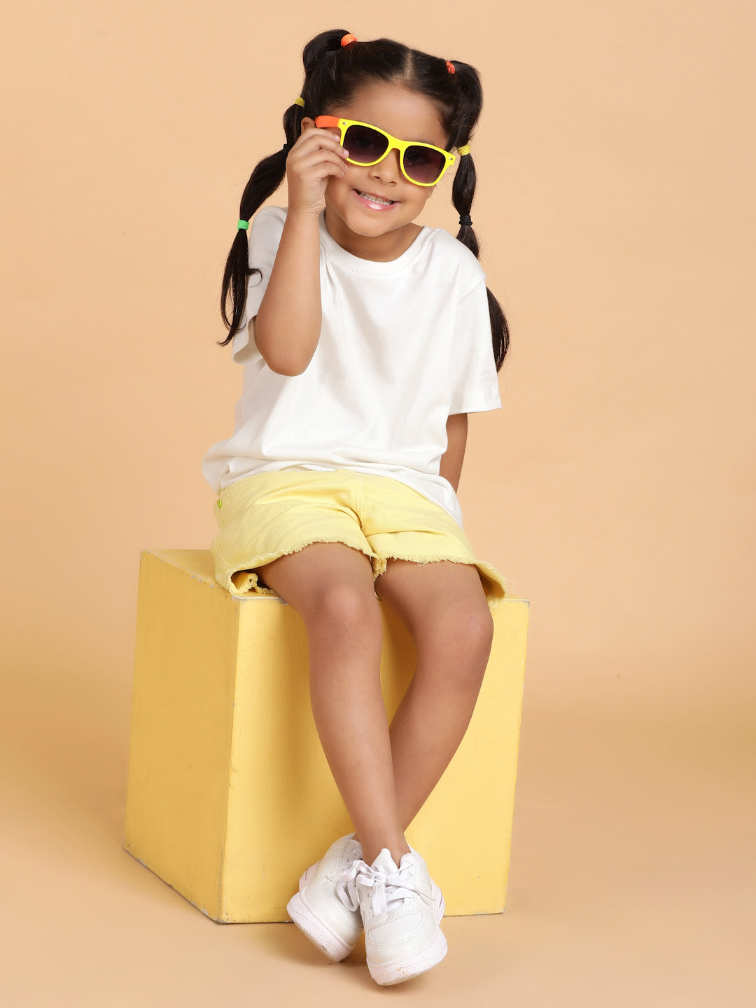 Girls Yellow Washed Cotton Regular Fit Above Knee Shorts