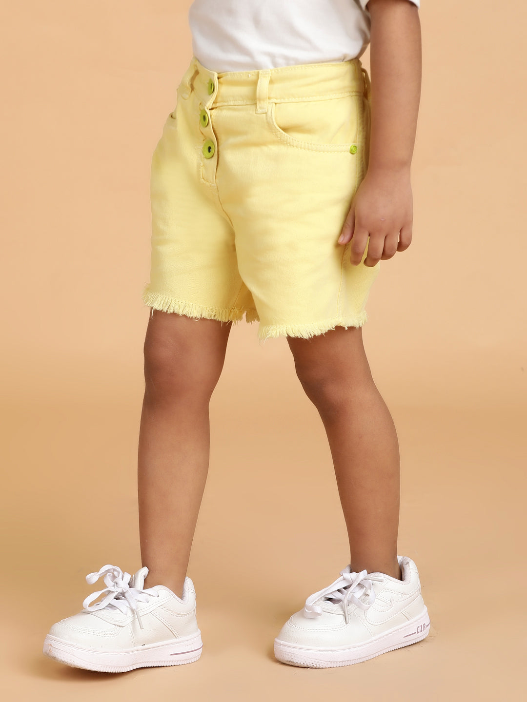 Girls Yellow Washed Cotton Regular Fit Above Knee Shorts