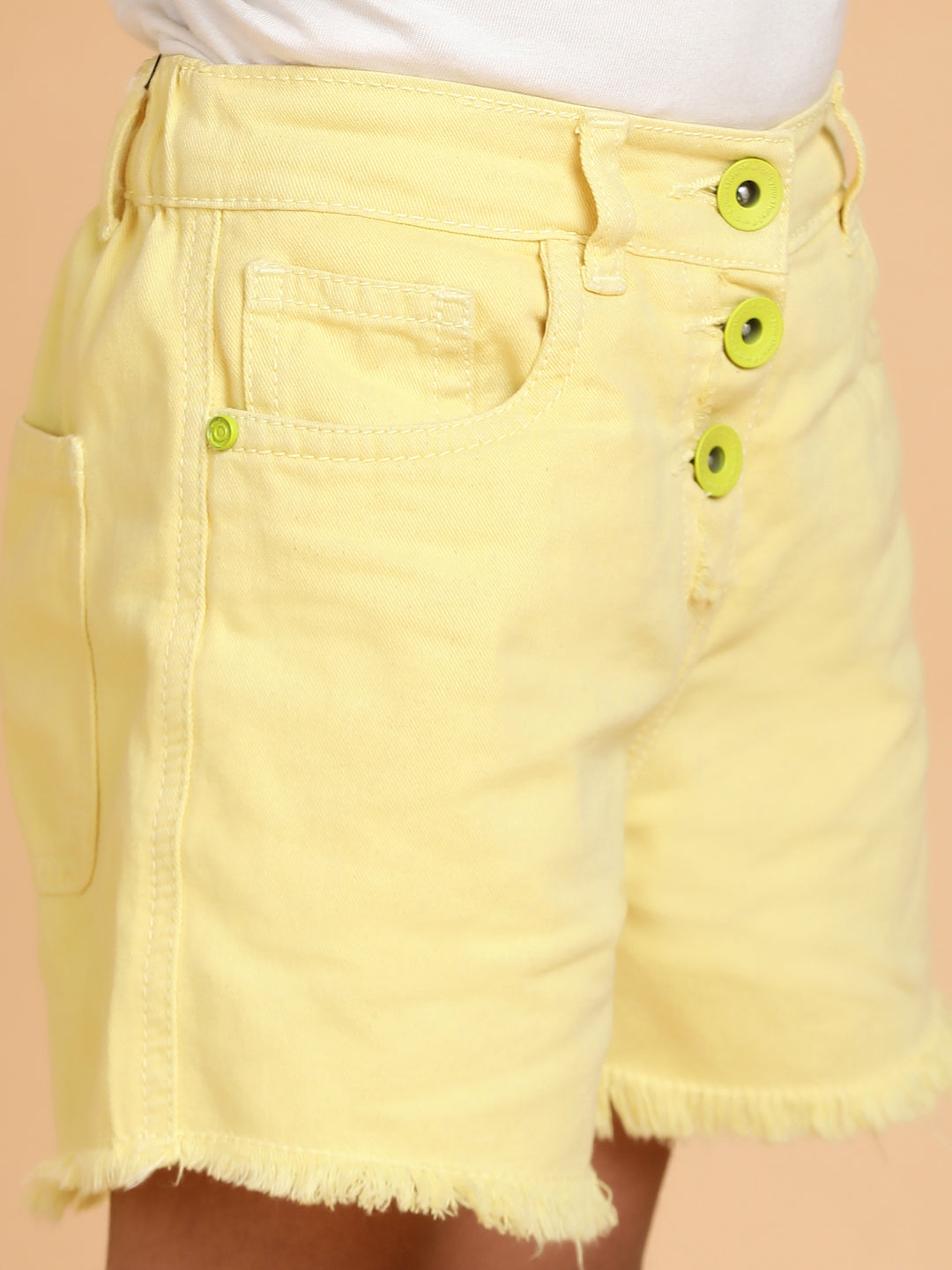 Girls Yellow Washed Cotton Regular Fit Above Knee Shorts