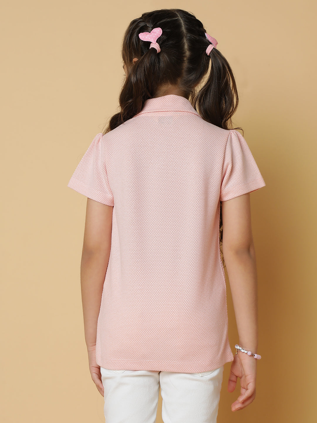 Girls Pink Solid Cotton Polo T-shirt