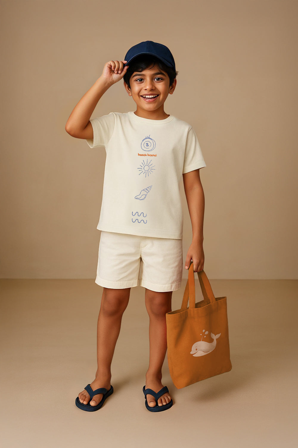Boys Off White Cotton Embroidery T-shirt