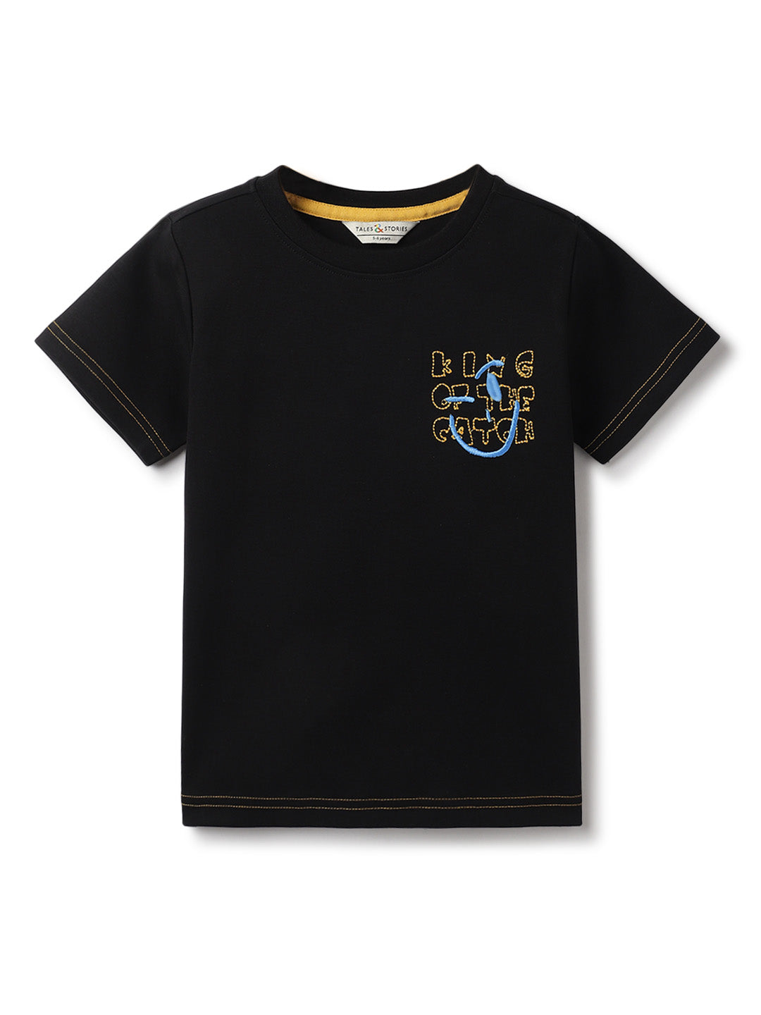 Boys Black Cotton Embroidery T-Shirt