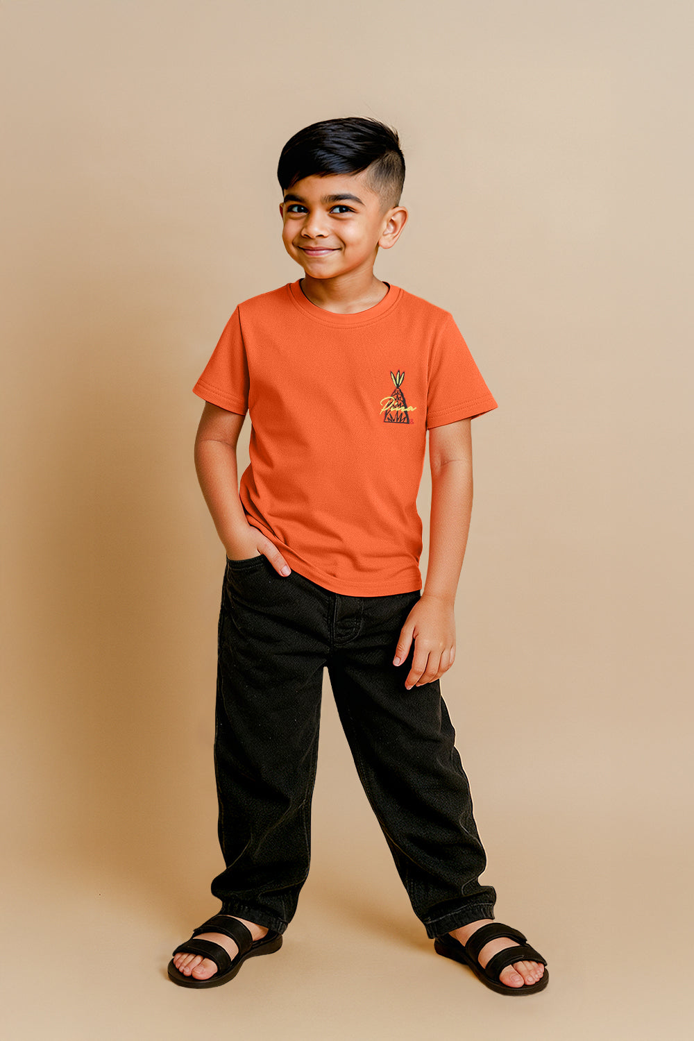 Boys Orange Cotton Printed T-Shirt