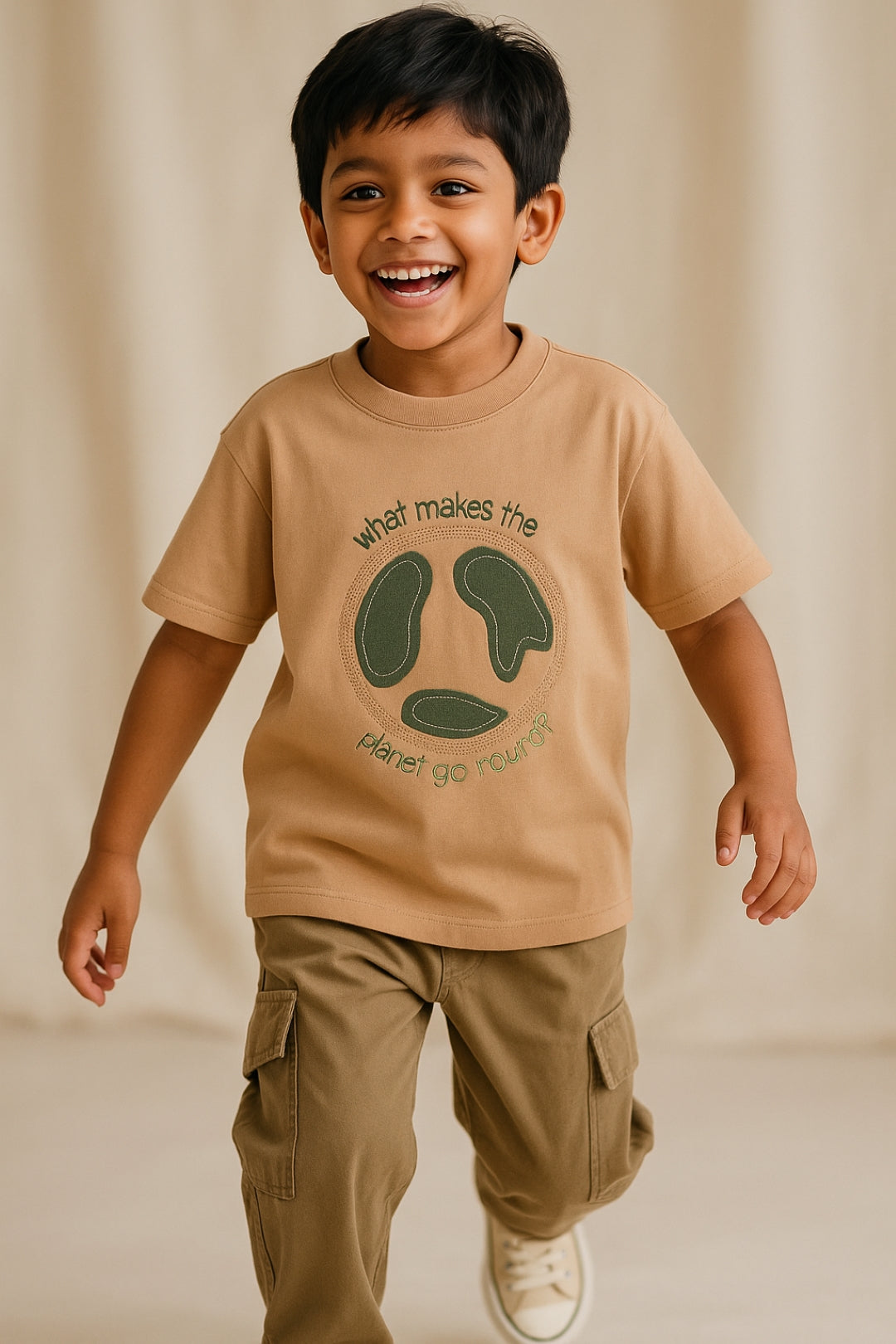 Boys Cotton Beige Embroidered T-Shirt