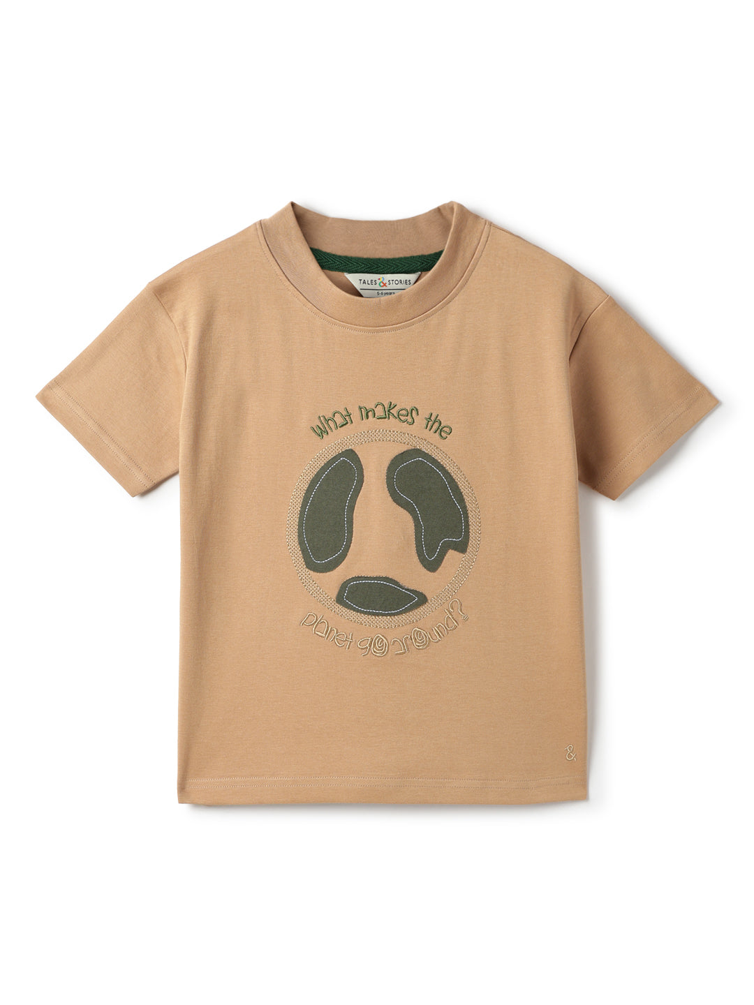 Boys Cotton Beige Embroidered T-Shirt