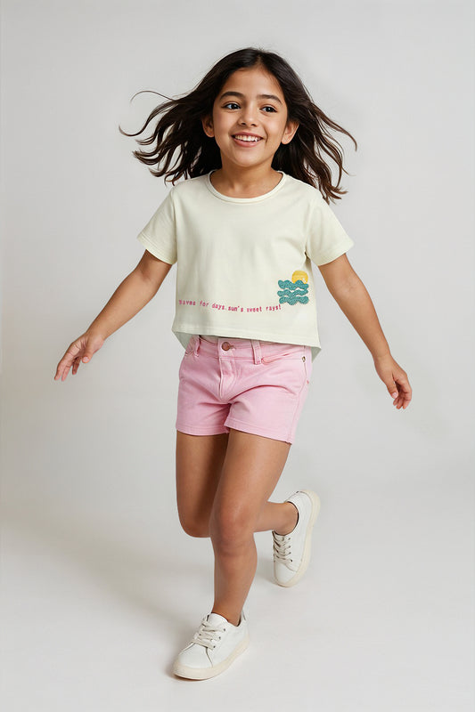 Girls Off White Cotton Printed T-Shirt