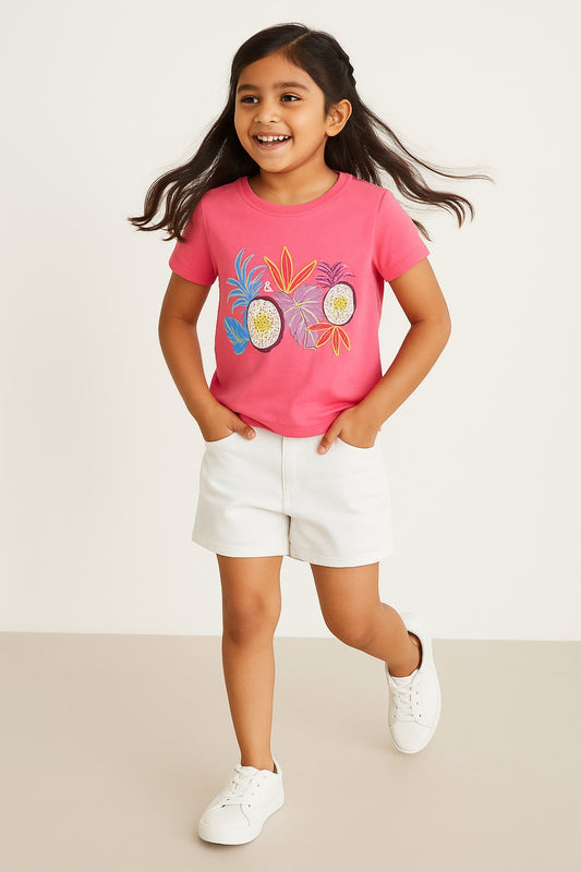 Girls Pink Printed Cotton Casual T-Shirt