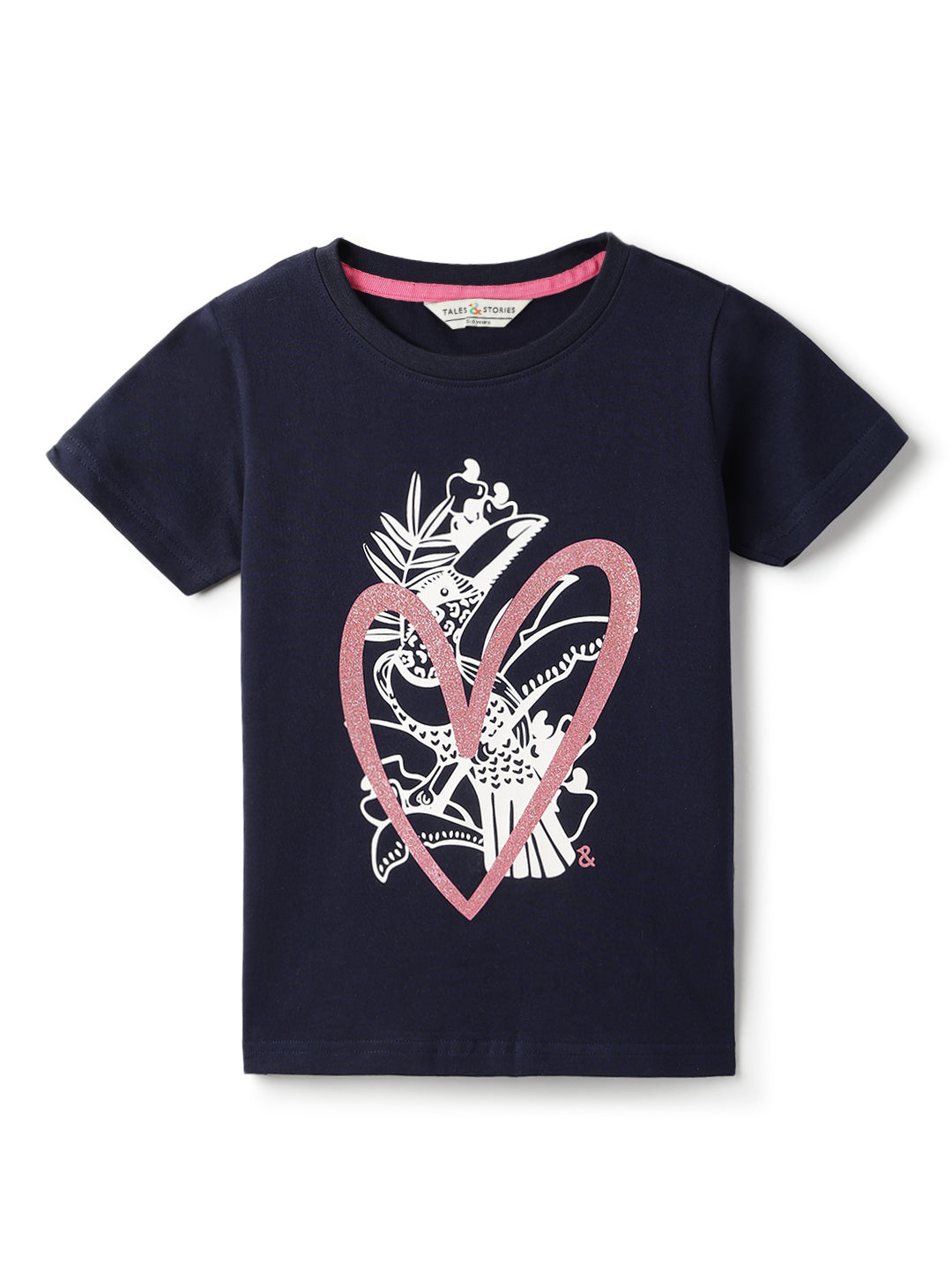 Girls Lycra Printed Half Sleeve Casual Navy Blue T-Shirt