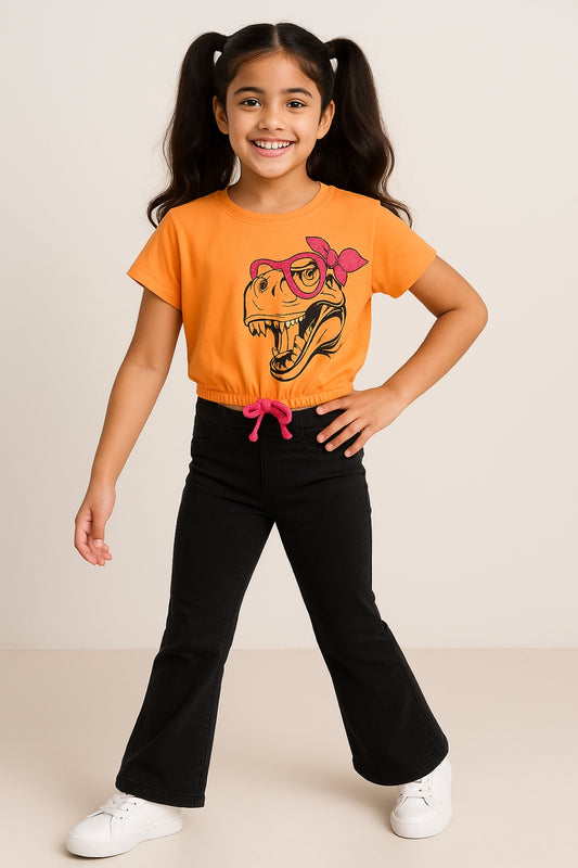 Girls Orange Printed Lycra Oversized Casual T-Shirt